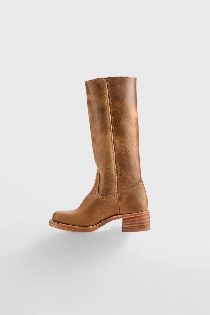 Women's Leather Mid-Calf Western-Style Boots – Stacked-Block Heel