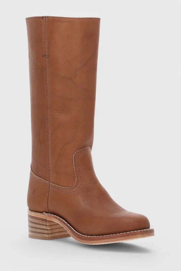 Women's Leather Mid-Calf Western-Style Boots – Stacked-Block Heel