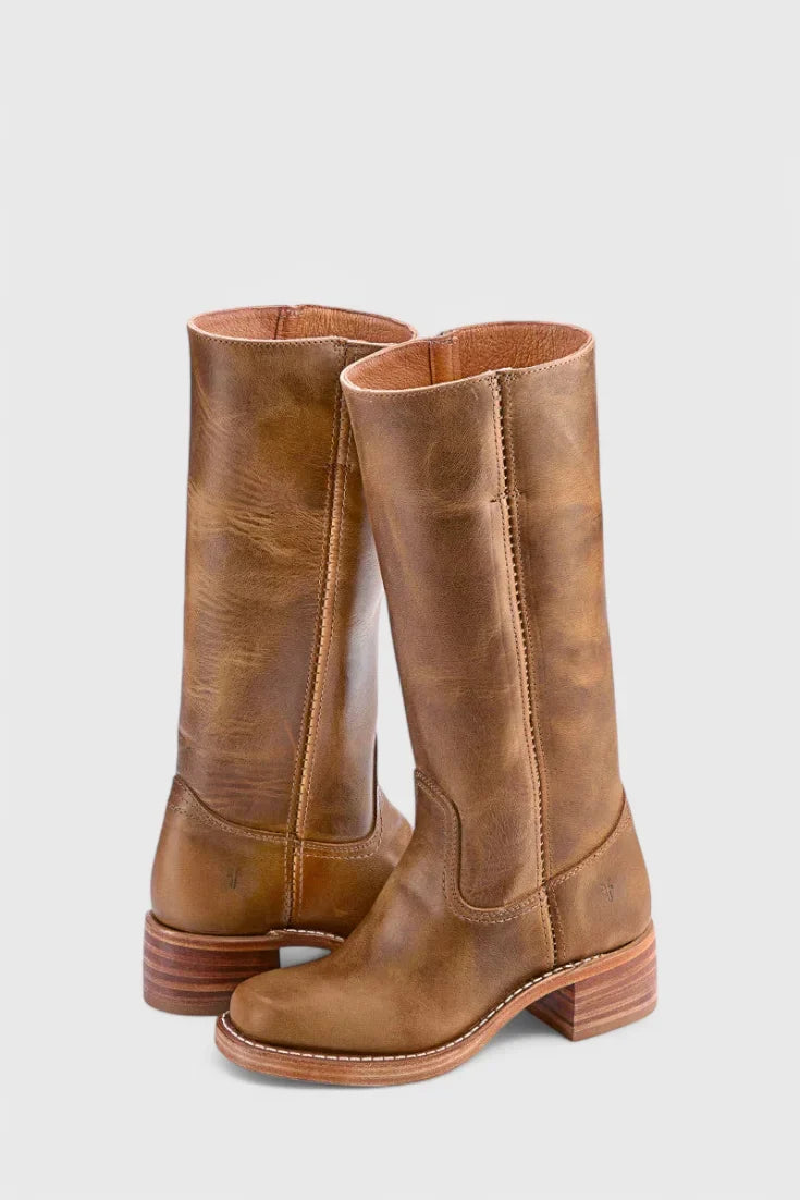Women's Leather Mid-Calf Western-Style Boots – Stacked-Block Heel