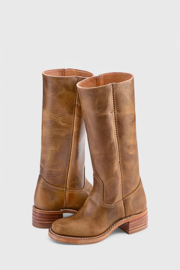 Women's Leather Mid-Calf Western-Style Boots – Stacked-Block Heel