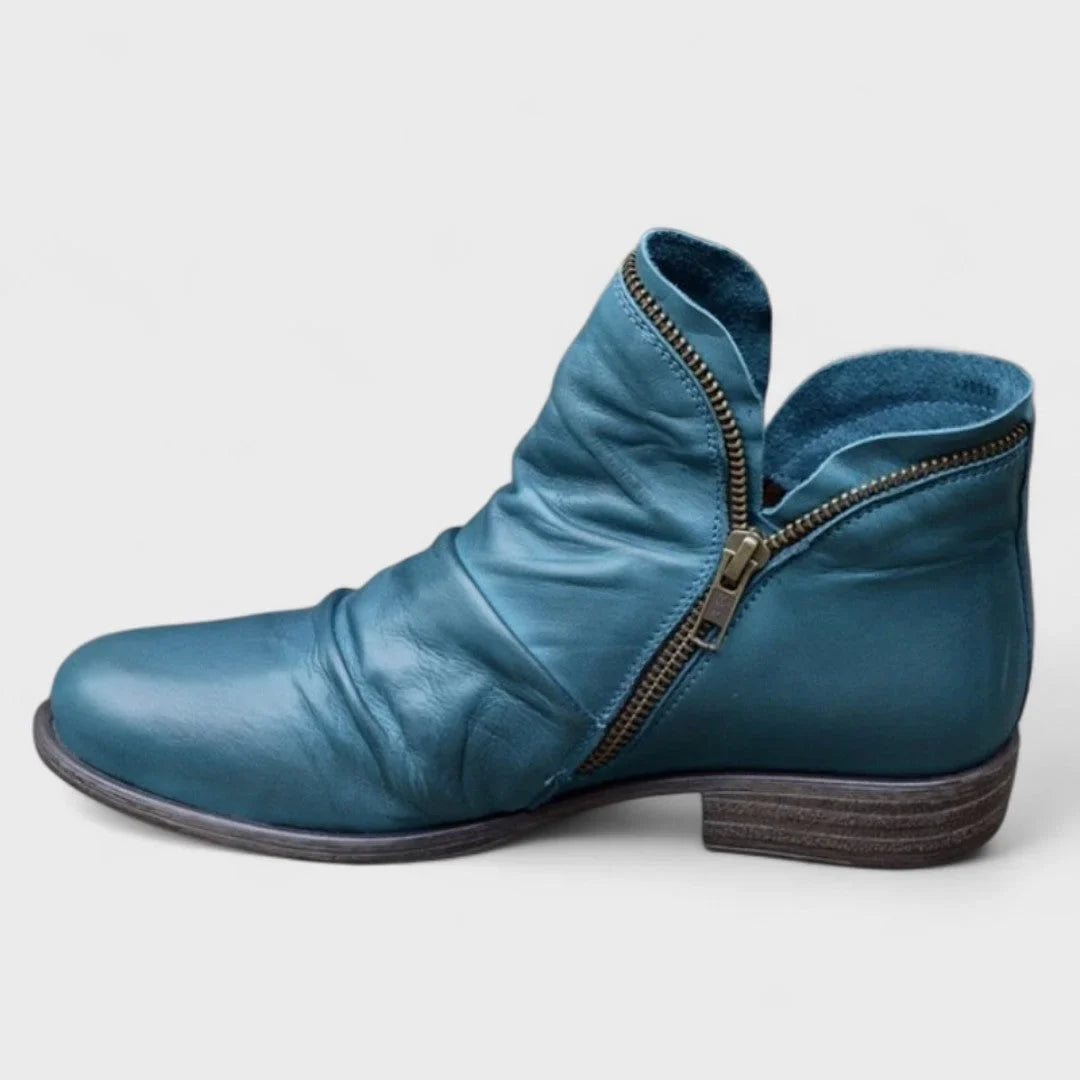 Women's Leather Comfort Ruched Ankle Boots – Side Zipper Closure