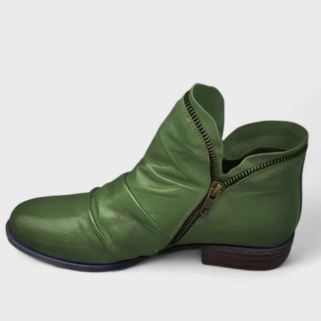 Women's Leather Comfort Ruched Ankle Boots – Side Zipper Closure