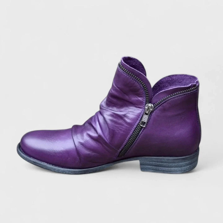 Women's Leather Comfort Ruched Ankle Boots – Side Zipper Closure