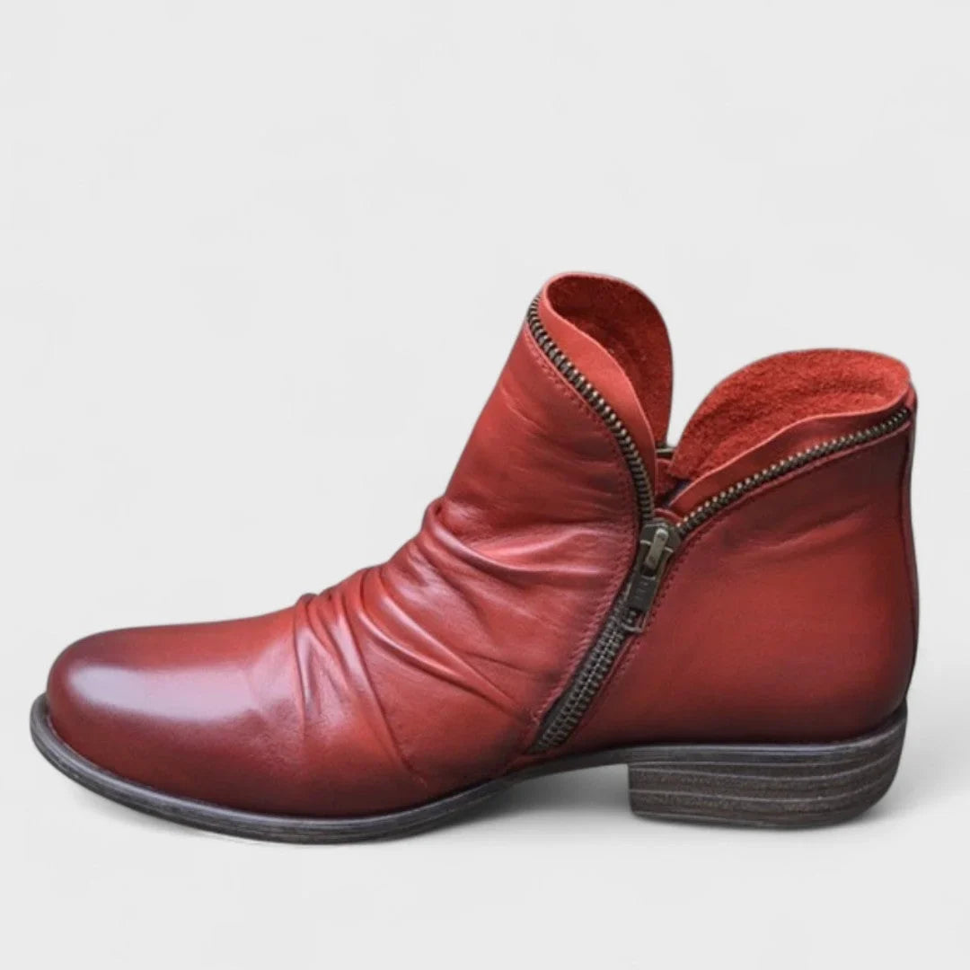Women's Leather Comfort Ruched Ankle Boots – Side Zipper Closure