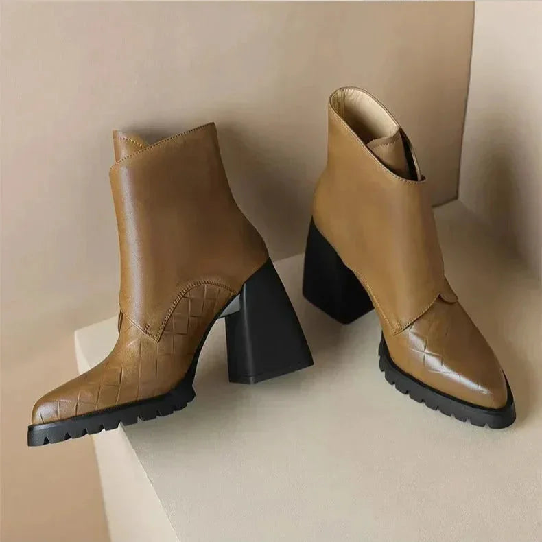 Women's Leather Pointed-Toe Chunky Lug-Sole Ankle Boots – Buckle Detail