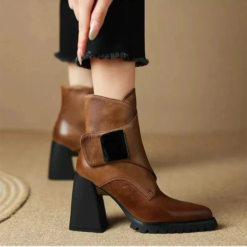 Women's Leather Pointed-Toe Chunky Lug-Sole Ankle Boots – Buckle Detail