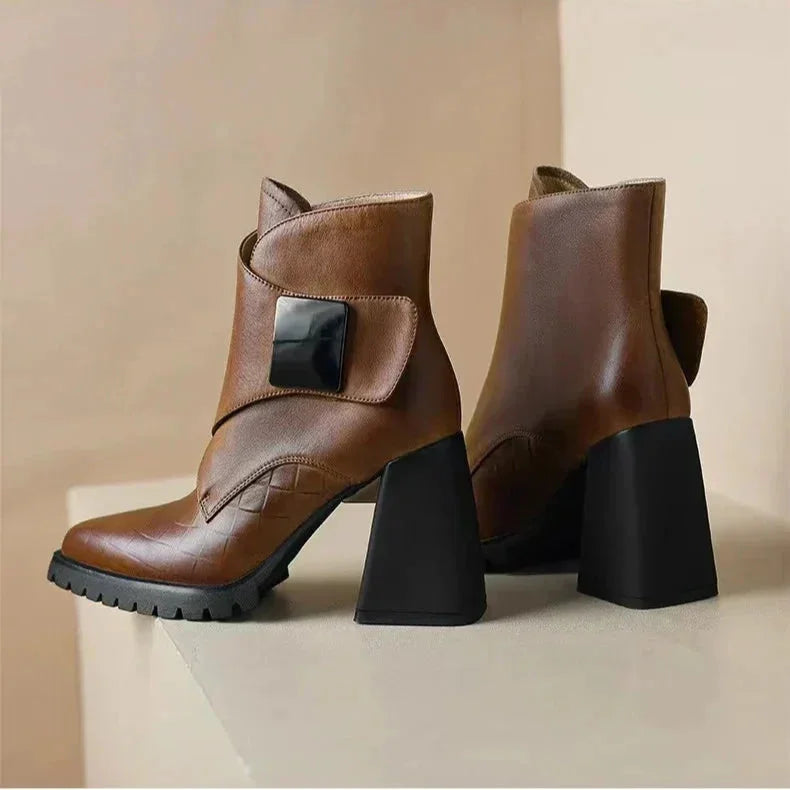 Women's Leather Pointed-Toe Chunky Lug-Sole Ankle Boots – Buckle Detail