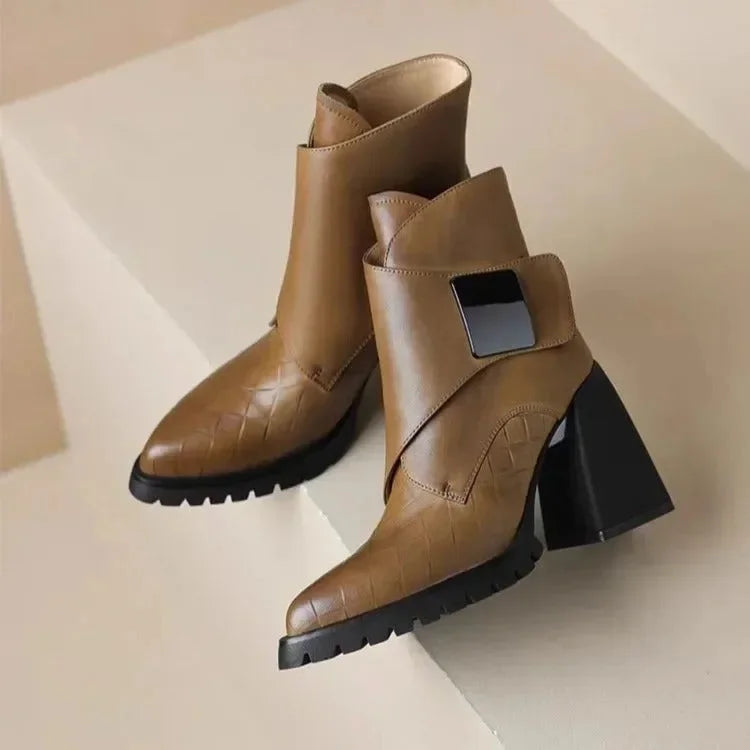 Women's Leather Pointed-Toe Chunky Lug-Sole Ankle Boots – Buckle Detail