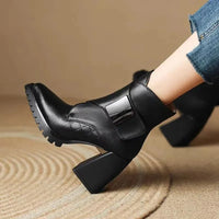 Women's Leather Pointed-Toe Chunky Lug-Sole Ankle Boots – Buckle Detail