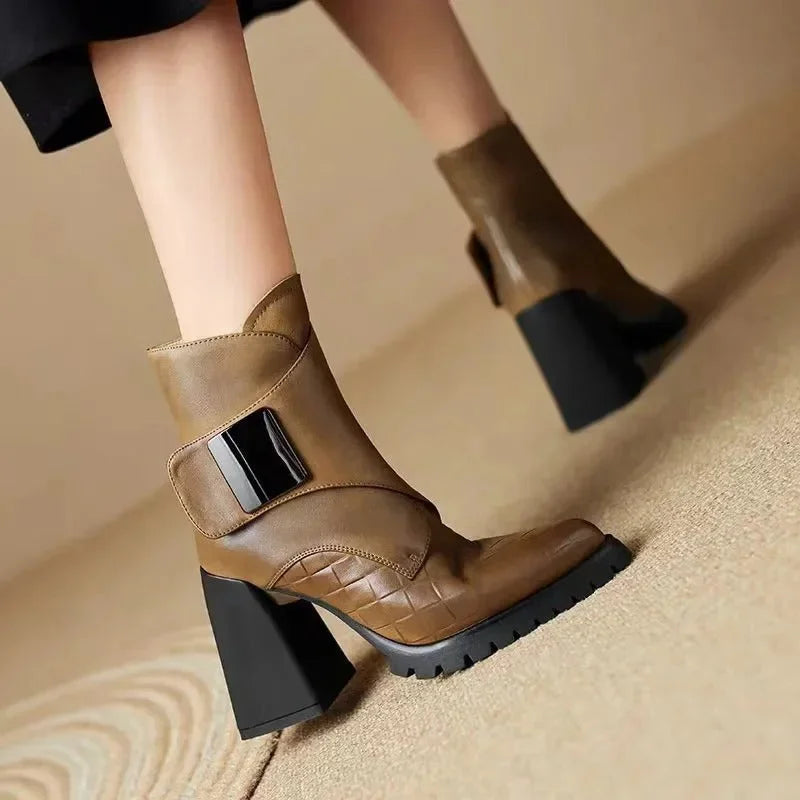 Women's Leather Pointed-Toe Chunky Lug-Sole Ankle Boots – Buckle Detail