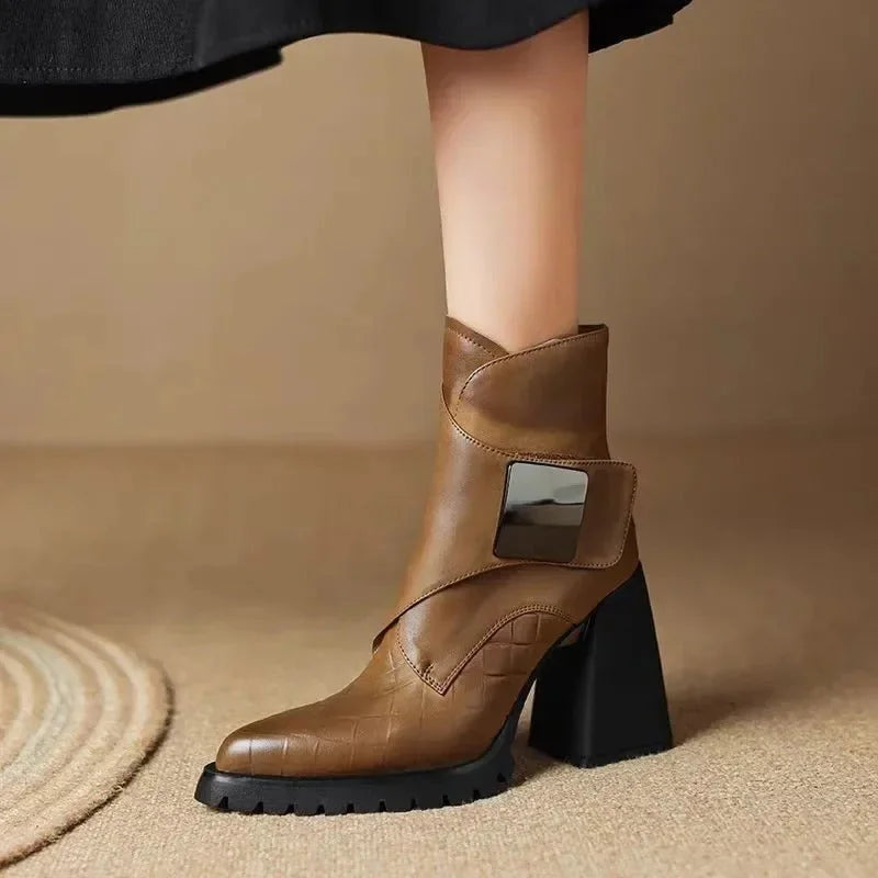 Women's Leather Pointed-Toe Chunky Lug-Sole Ankle Boots – Buckle Detail