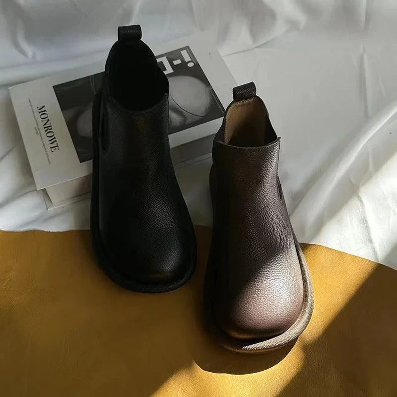 Women's Leather Slip-On Chelsea Ankle Boots – Round Toe