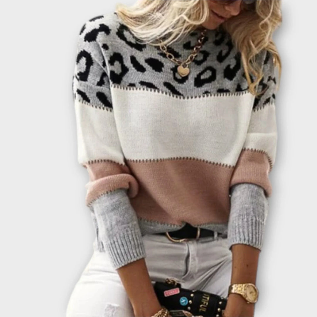 Women's Leopard Print Color-Block Knit Sweater – Round Neck Long Sleeves