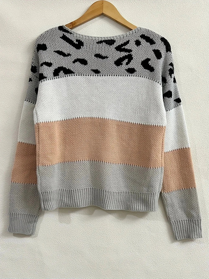 Women's Leopard Print Color-Block Knit Sweater – Round Neck Long Sleeves