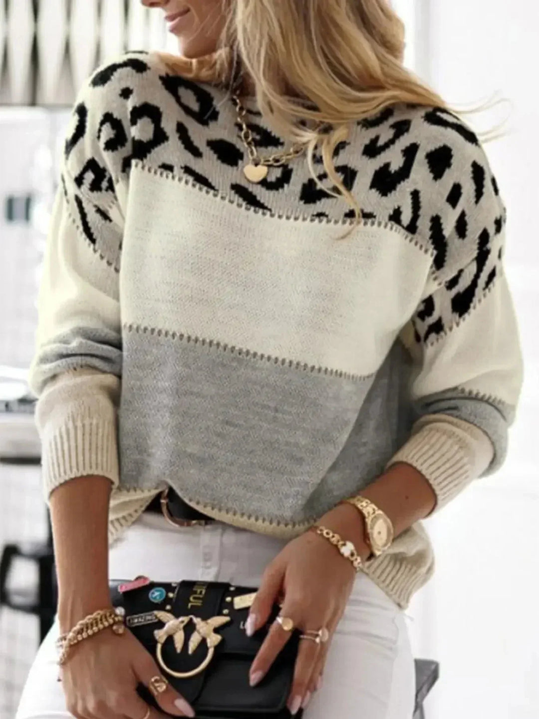 Women's Leopard Print Color-Block Knit Sweater – Round Neck Long Sleeves