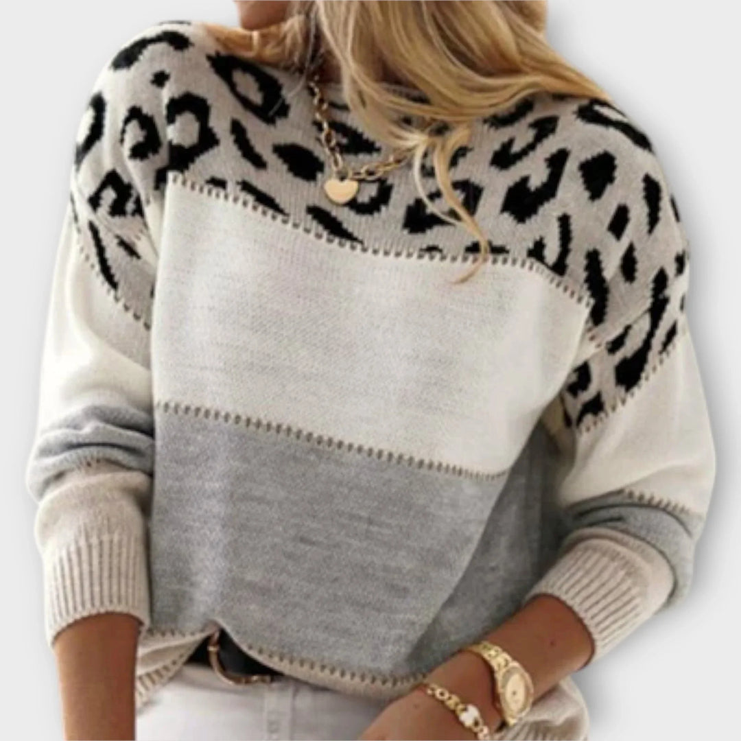 Women's Leopard Print Color-Block Knit Sweater – Round Neck Long Sleeves