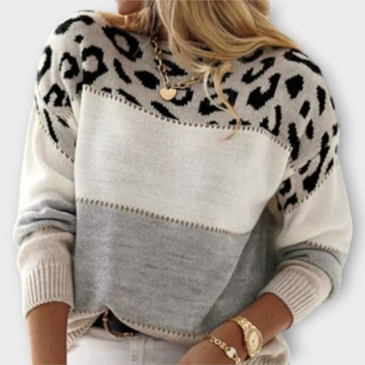 Women's Leopard Print Color-Block Knit Sweater – Round Neck Long Sleeves