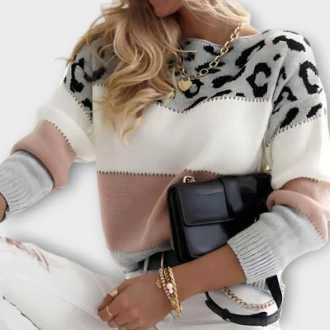 Women's Leopard Print Color-Block Knit Sweater – Round Neck Long Sleeves