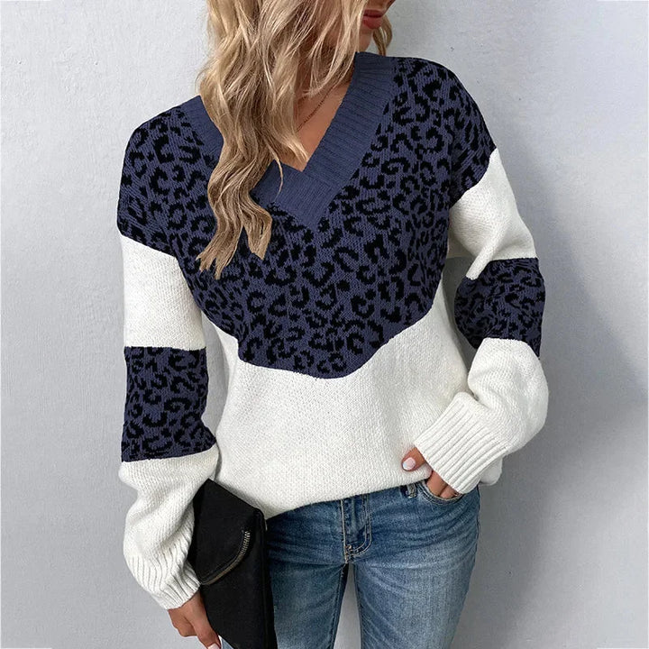 Women's Leopard Print Color-Block Knit Sweater – V-Neck And Long Sleeves