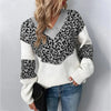 Women's Leopard Print Color-Block Knit Sweater – V-Neck And Long Sleeves