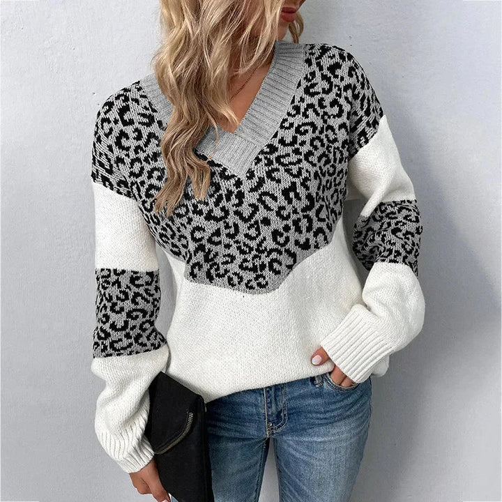 Women's Leopard Print Color-Block Knit Sweater – V-Neck And Long Sleeves