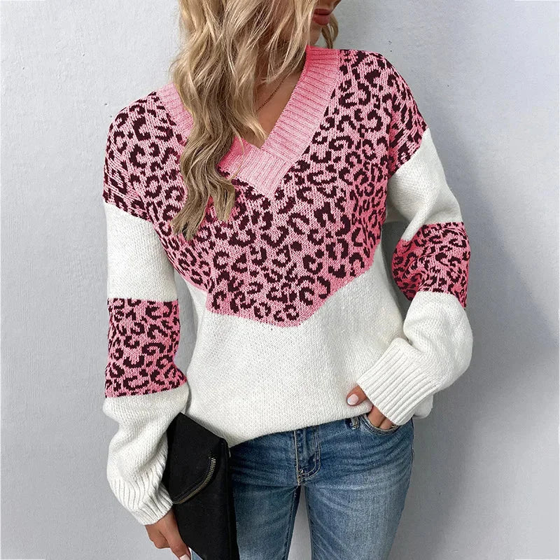 Women's Leopard Print Color-Block Knit Sweater – V-Neck And Long Sleeves