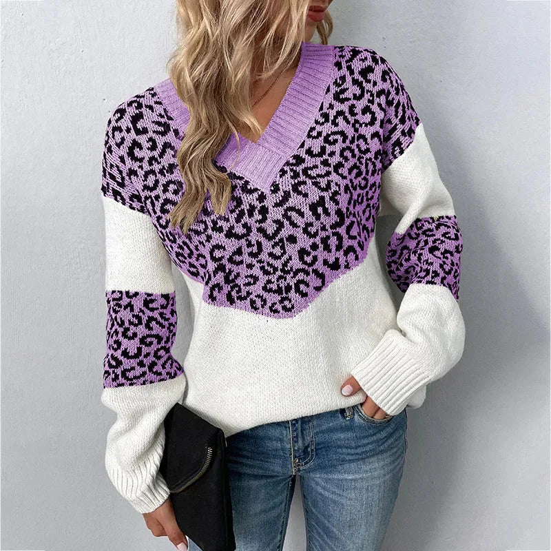 Women's Leopard Print Color-Block Knit Sweater – V-Neck And Long Sleeves