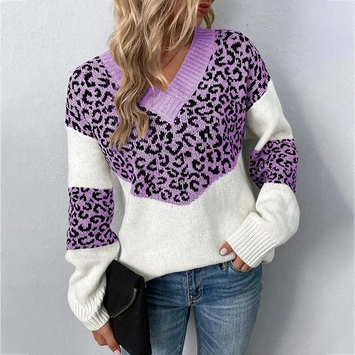 Women's Leopard Print Color-Block Knit Sweater – V-Neck And Long Sleeves