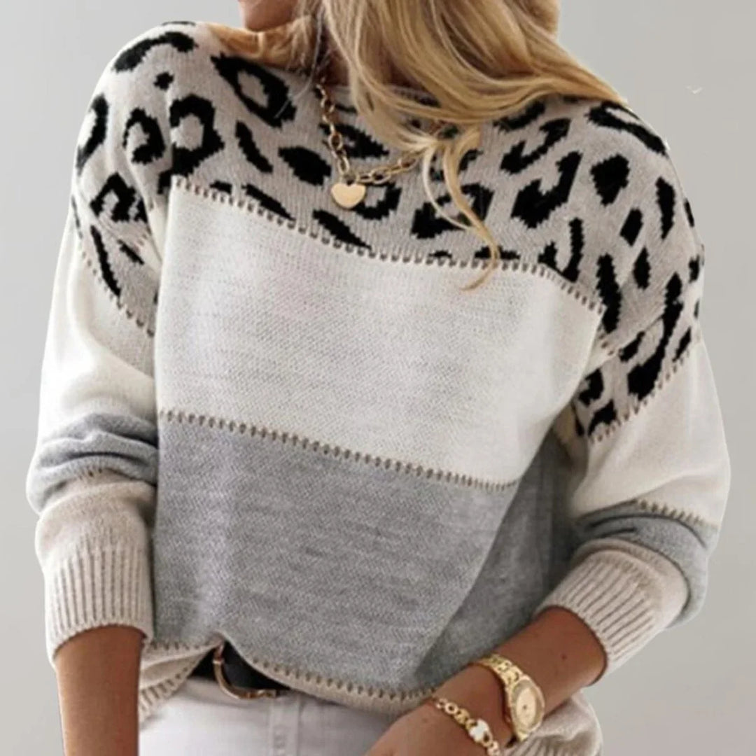 Women's Leopard Print Colorblock Knit Pullover Sweater