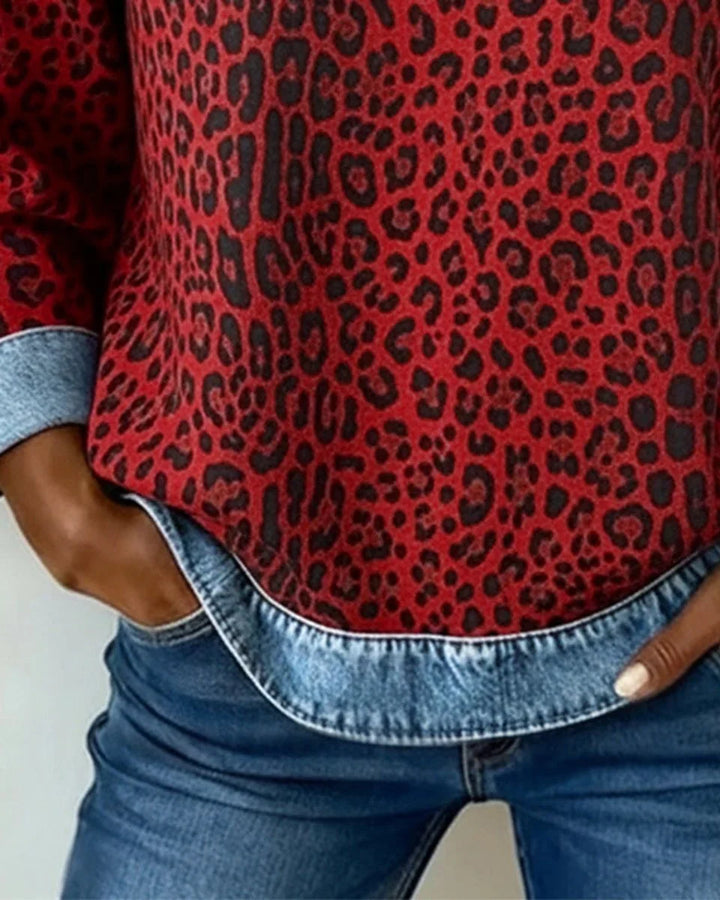 Women's Leopard Print Denim Patchwork Pullover Sweater