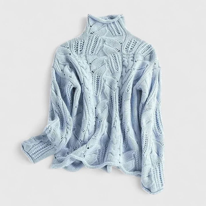 Women's Light Blue Cable Knit Sweater – Turtleneck Long Sleeves Relaxed Fit