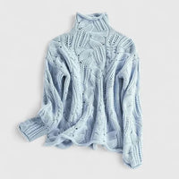 Women's Light Blue Cable Knit Sweater – Turtleneck Long Sleeves Relaxed Fit