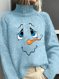 Women's Light Blue Speckled Christmas Knit Sweater – Snowman Graphic Turtleneck