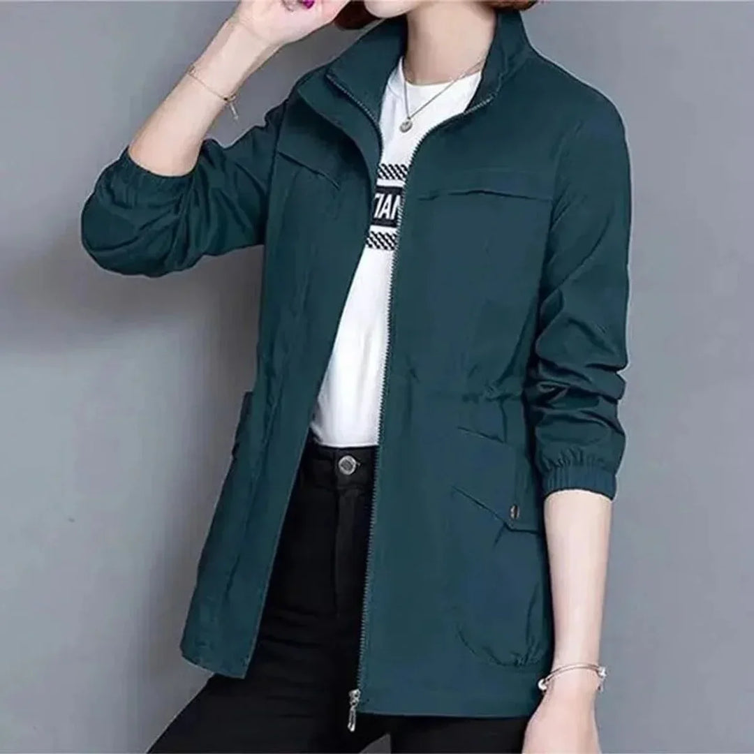 Women's Lightweight Zip-Up Short Bomber Jacket Drawstring Waist
