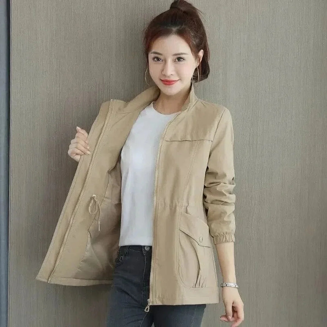 Women's Lightweight Zip-Up Short Bomber Jacket Drawstring Waist