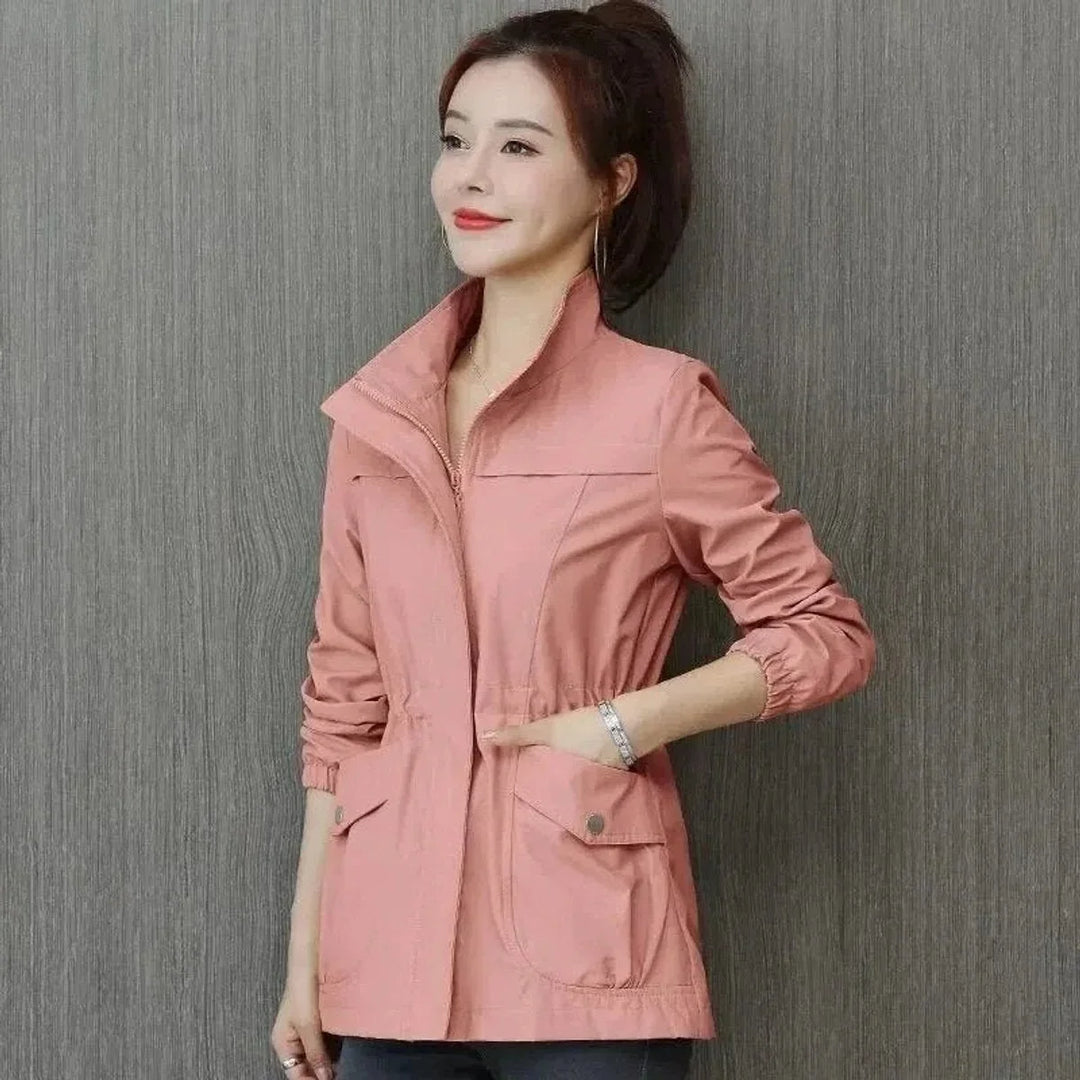 Women's Lightweight Zip-Up Short Bomber Jacket Drawstring Waist