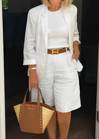 Women's Linen Blend Suit Matching Set – Blazer And Pleated Shorts