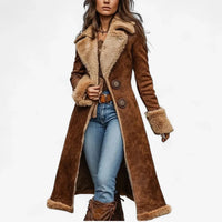 Women's Long Brown Faux-Shearling Aviator Jacket – Faux-Fur Collar And Cuffs