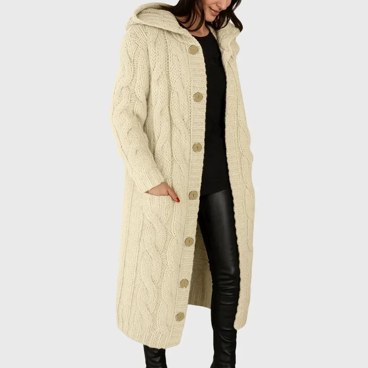 Women's Long Cable-Knit Hooded Cardigan – Button-Front Pockets
