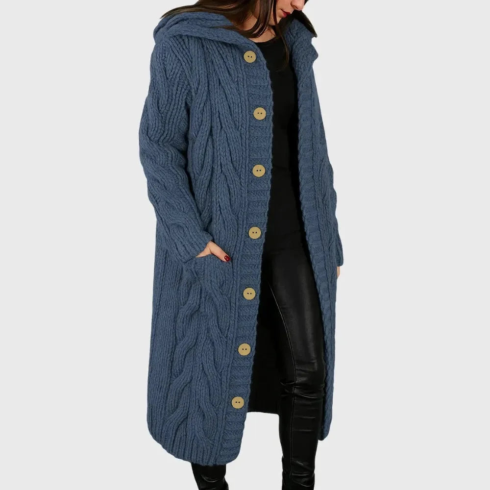 Women's Long Cable-Knit Hooded Cardigan – Button-Front Pockets
