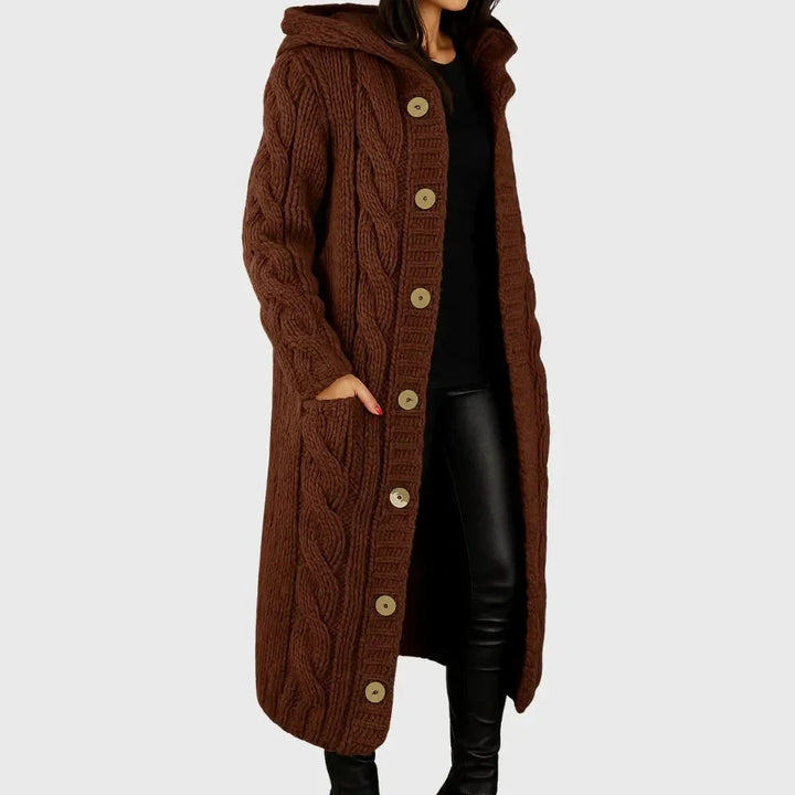 Women's Long Cable-Knit Hooded Cardigan – Button-Front Pockets