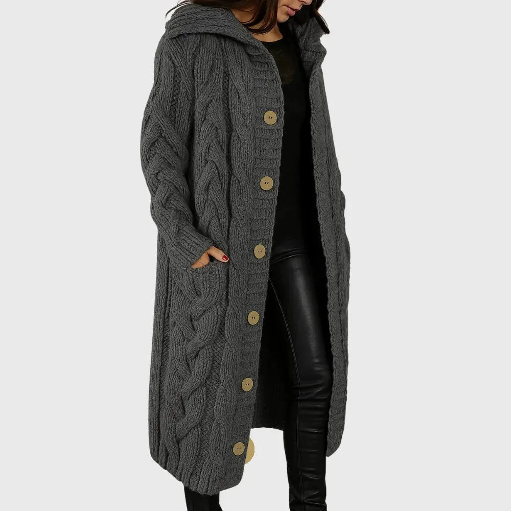 Women's Long Cable-Knit Hooded Cardigan – Button-Front Pockets