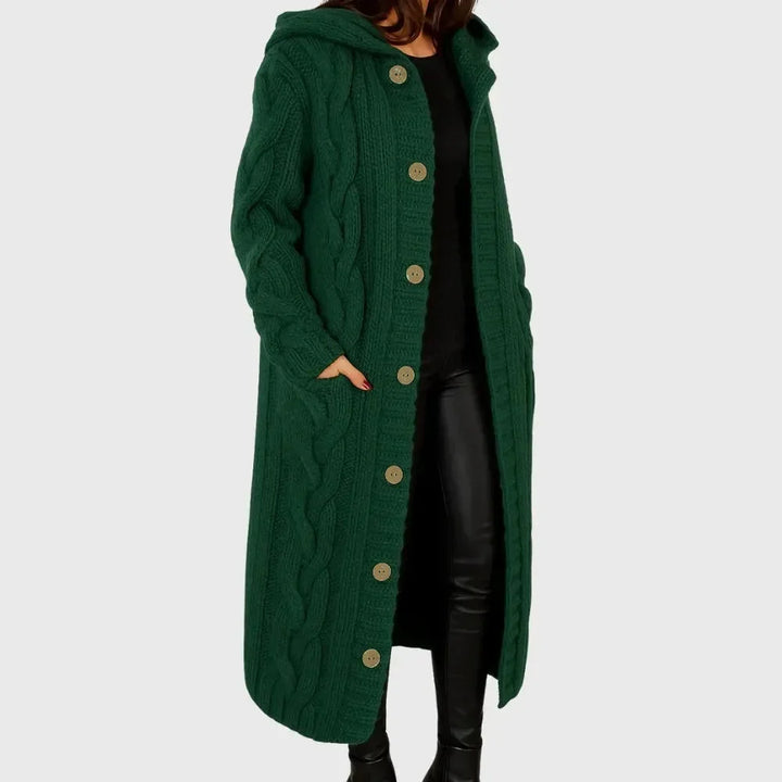 Women's Long Cable-Knit Hooded Cardigan – Button-Front Pockets