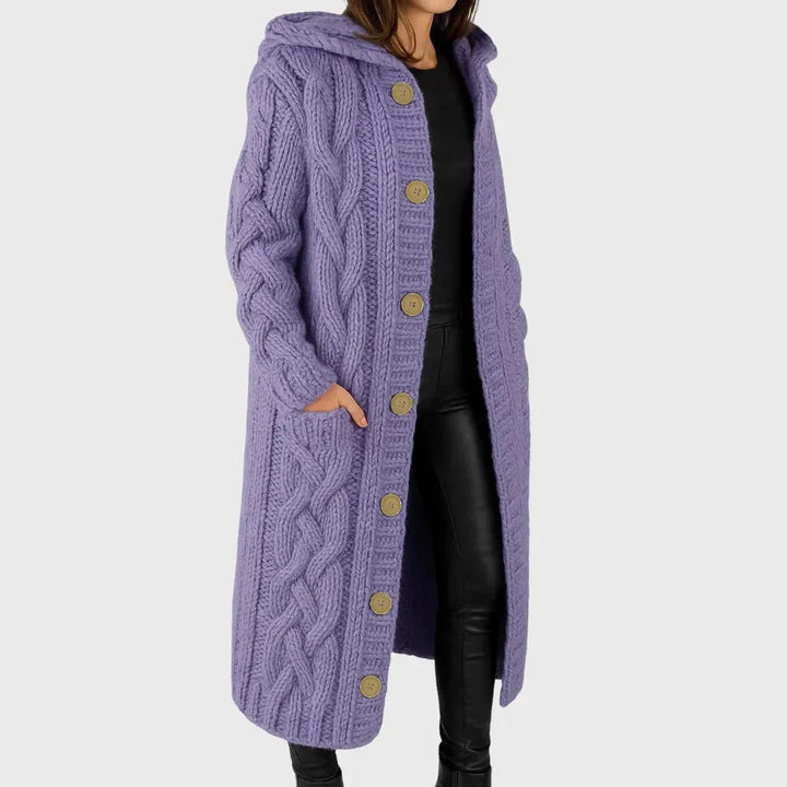 Women's Long Cable-Knit Hooded Cardigan – Button-Front Pockets