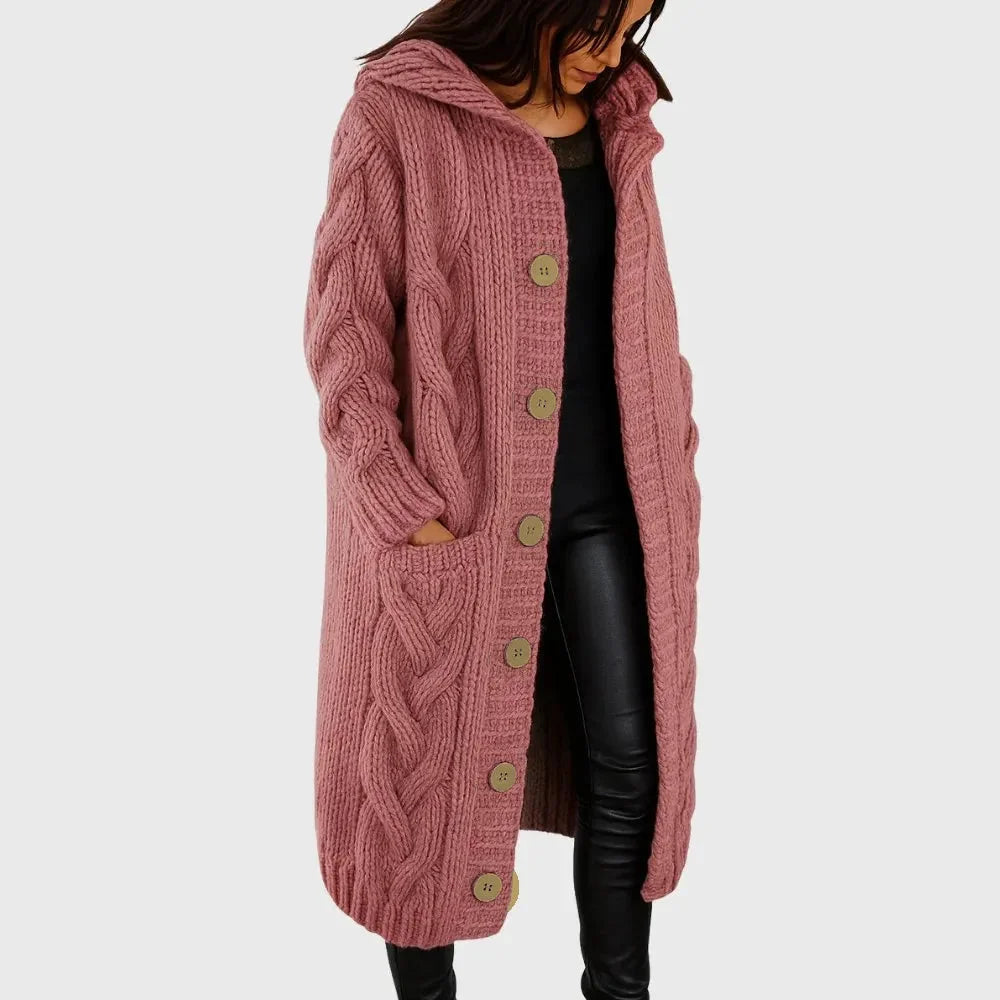 Women's Long Cable-Knit Hooded Cardigan – Button-Front Pockets