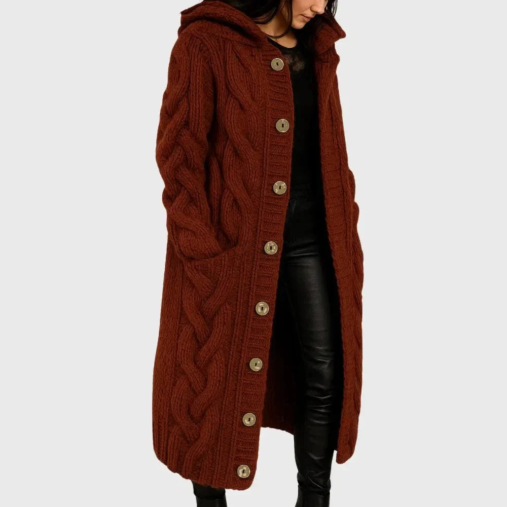 Women's Long Cable-Knit Hooded Cardigan – Button-Front Pockets