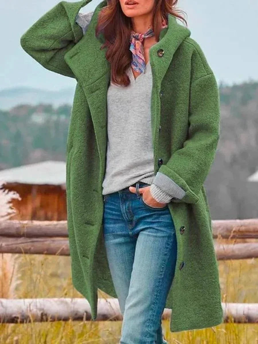 Women's Long Hooded Button-Front Fleece Coat