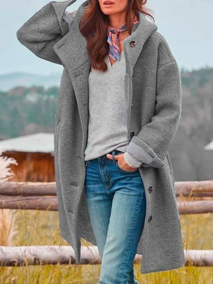 Women's Long Hooded Button-Front Fleece Coat