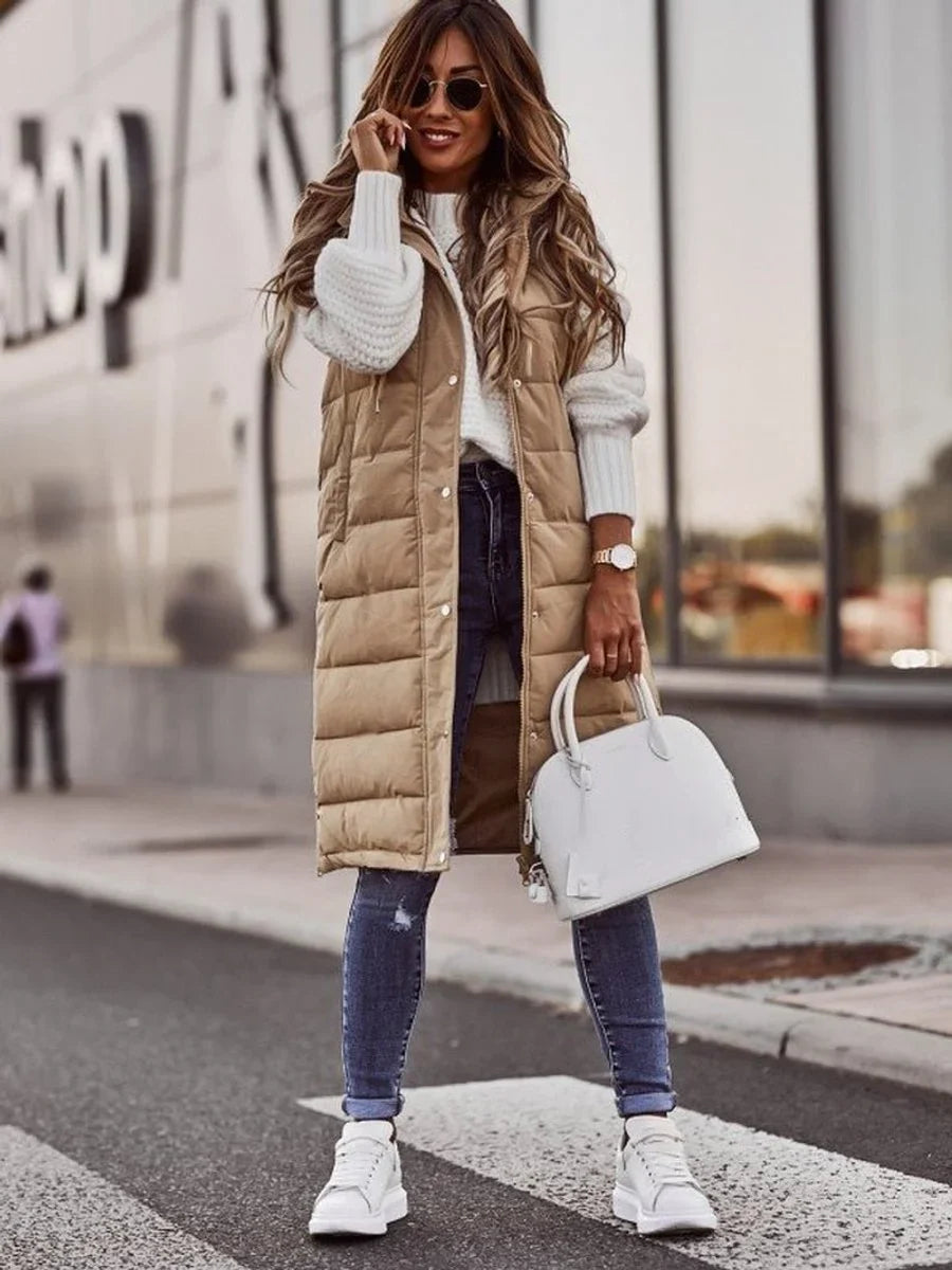 Women's Long Hooded Quilted Puffer Vest Sleeveless Winter Coat