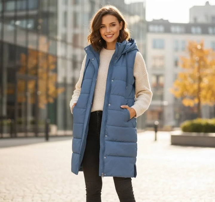 Women's Long Hooded Quilted Puffer Vest Sleeveless Winter Coat
